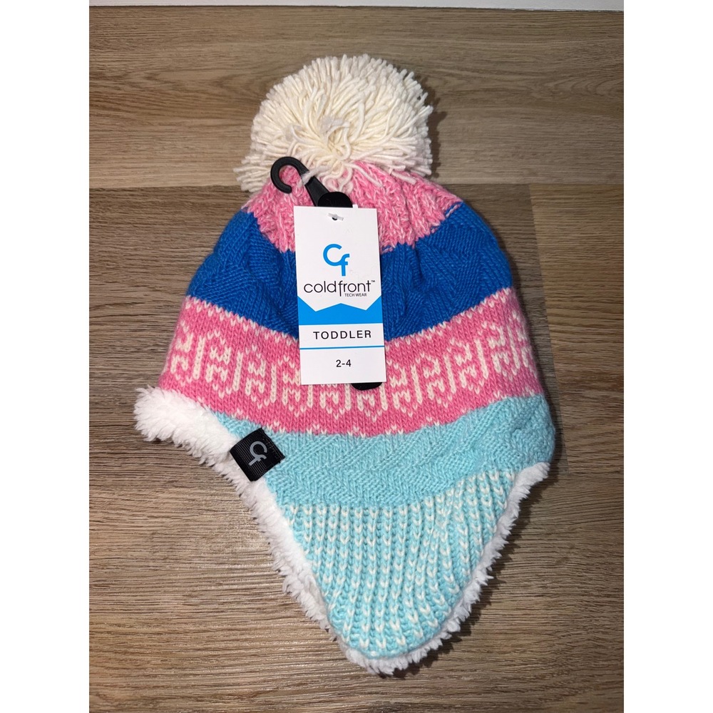 Toddler Girl Knit Winter Hat Pink Blue Fleece Lined Earflap Beanie 2-4